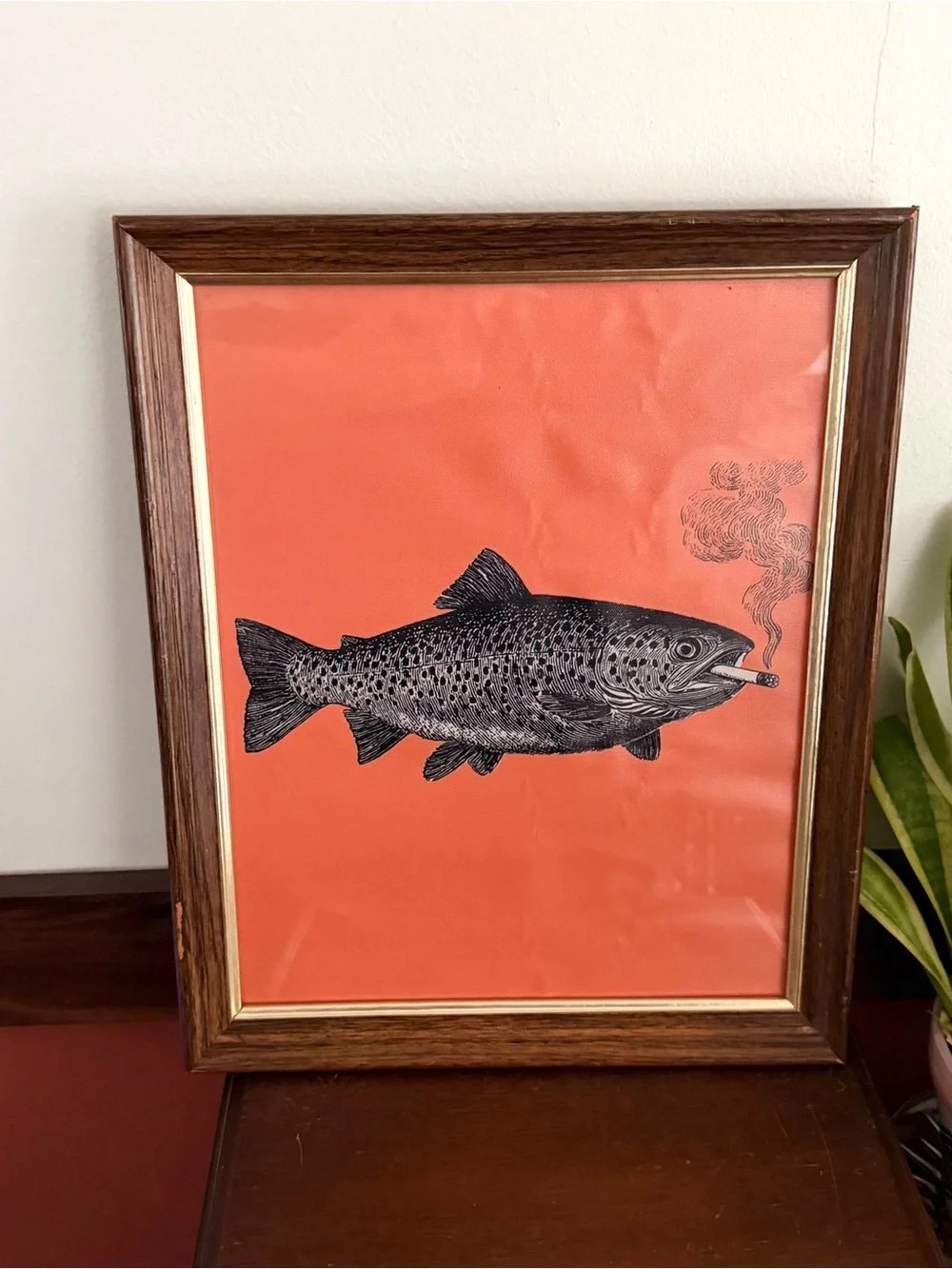Trout Fish Smoking a Cigarette Vintage Style Canvas Wall Art Print Wood Framed